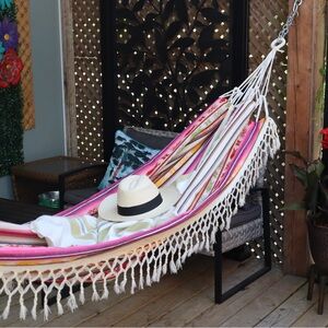 Handmade Ecuadorian Boho Style Ivory White Hammock with Fringe